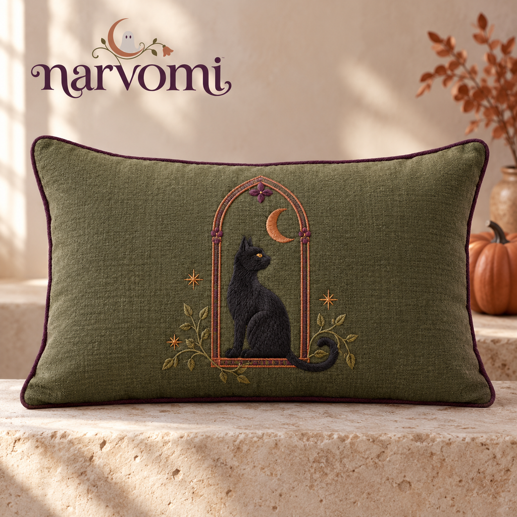 narvomi™ Window Watch Black Cat Lumbar Pillow — 12" × 18" Embroidered Halloween Cushion with Removable Cover