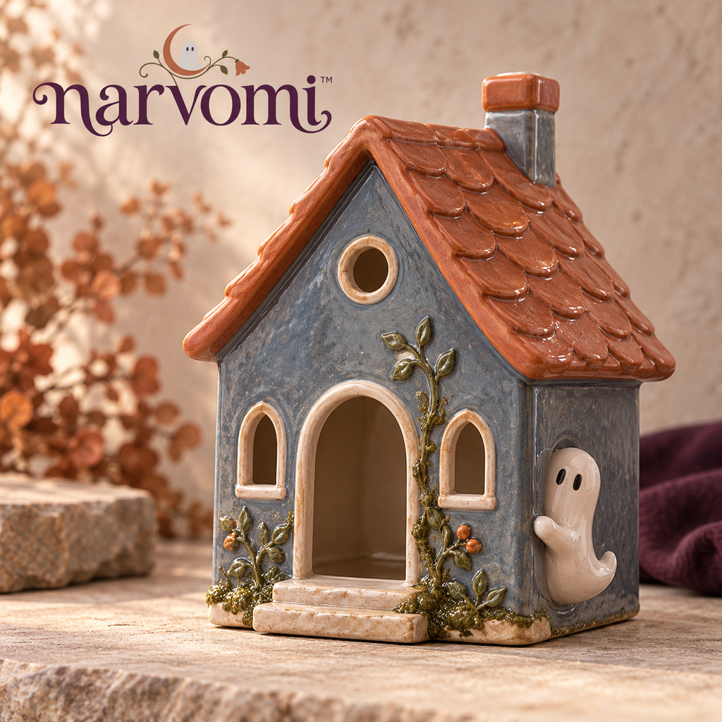 narvomi™ Lantern Lane Ghost Cottage — Ceramic Halloween Luminary Cover for Battery-Operated LED Tealights