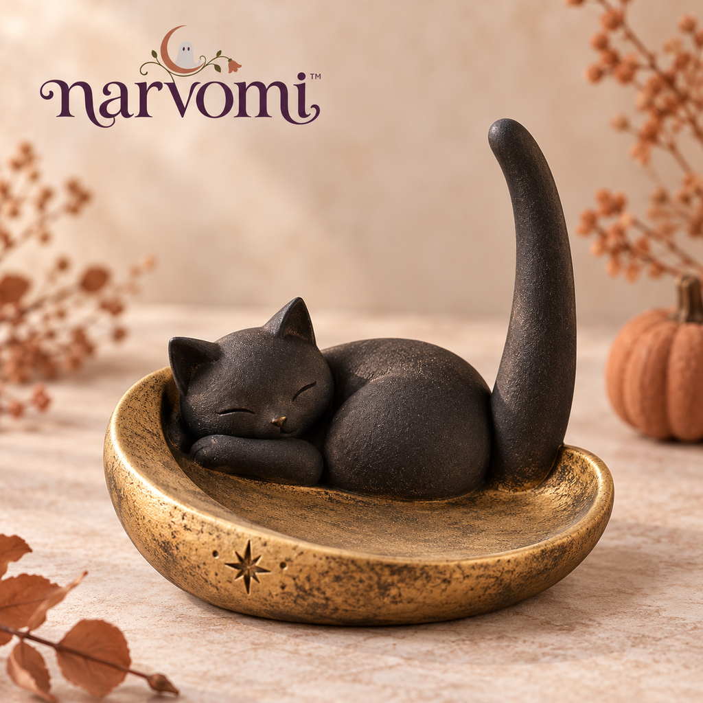 narvomi™ Crescent Nap Black Cat Ring Holder — Sculpted Jewelry Stand, Moon Trinket Dish & Halloween Vanity Decor