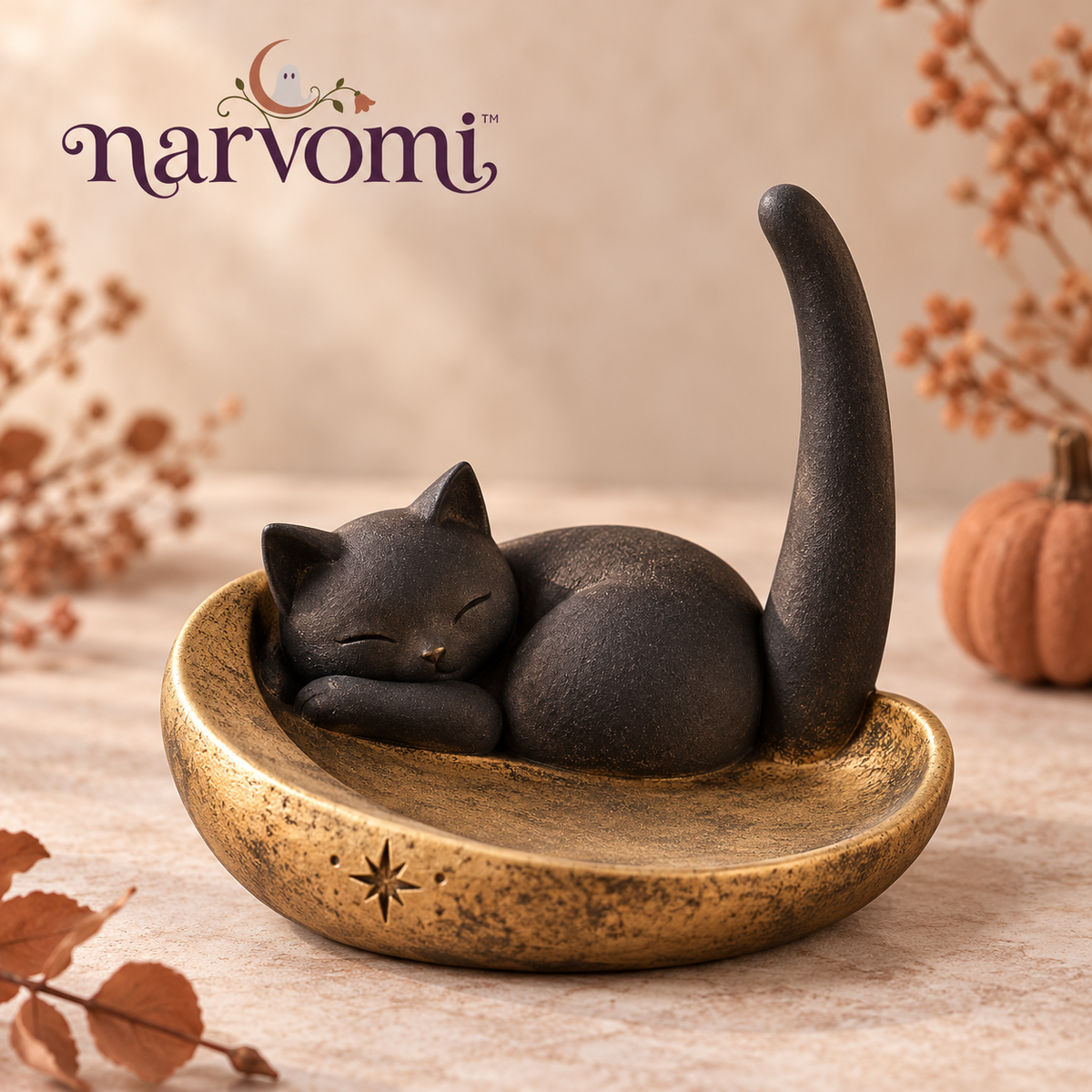 narvomi™ Crescent Nap Black Cat Ring Holder — Sculpted Jewelry Stand, Moon Trinket Dish & Halloween Vanity Decor