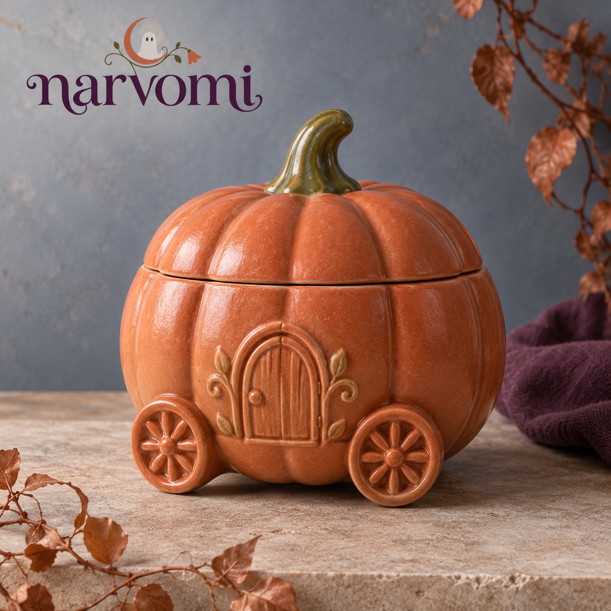 narvomi™ Pumpkin Post Lidded Trinket Box — Ceramic Halloween Storage Jar, Fall Keepsake Container & Small Gift