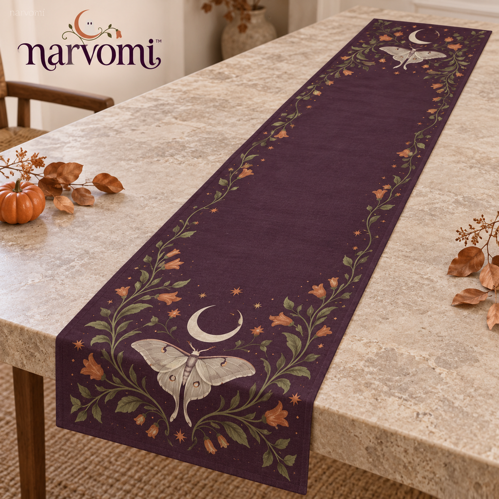 narvomi™ Midnight Herbarium Table Runner — 14" × 72" Halloween Moon & Botanical Dining Table Decor