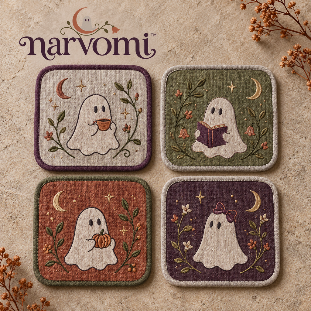 narvomi™ Ghost Tea Society Fabric Coasters, Set of 4 — Embroidered Halloween Drink Mats & Hostess Gift