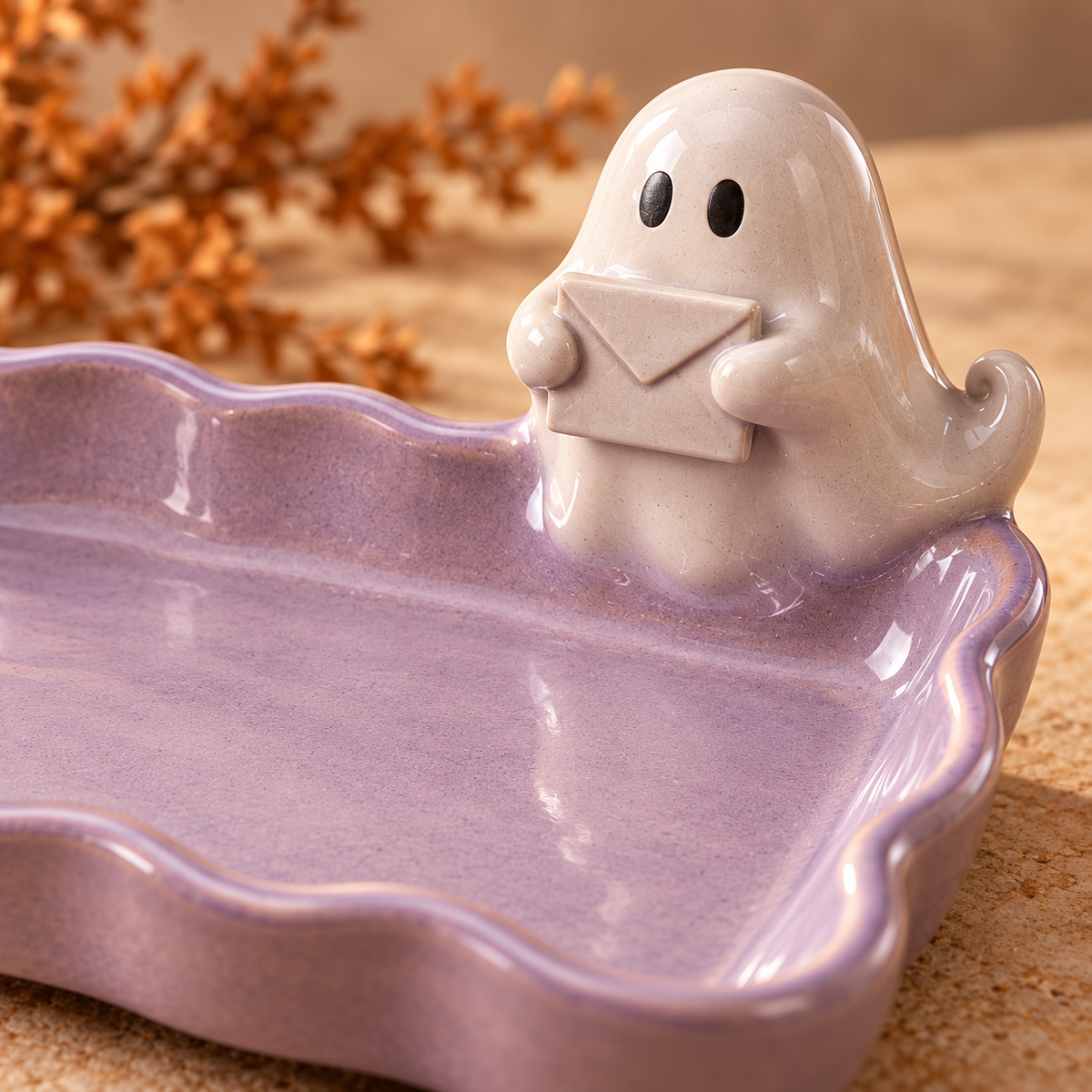 narvomi™ Little Correspondent Ghost Jewelry Tray — Ceramic Ring Dish, Halloween Trinket Catchall & Vanity Gift