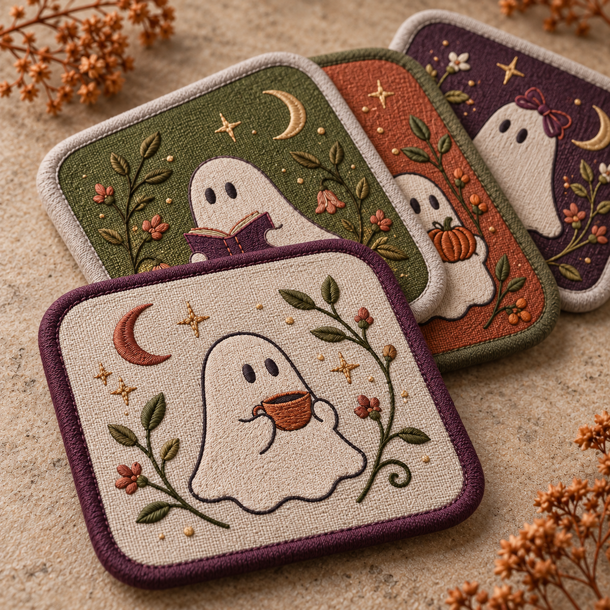 narvomi™ Ghost Tea Society Fabric Coasters, Set of 4 — Embroidered Halloween Drink Mats & Hostess Gift