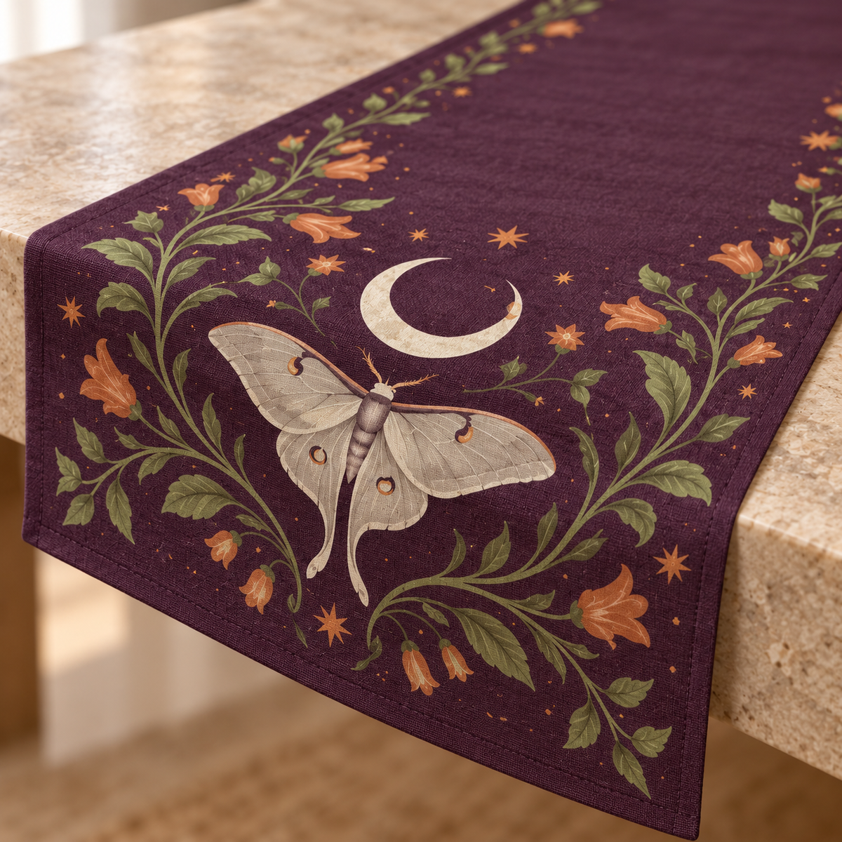 narvomi™ Midnight Herbarium Table Runner — 14" × 72" Halloween Moon & Botanical Dining Table Decor