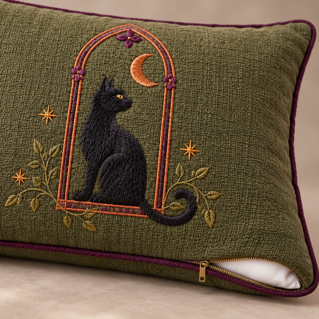 narvomi™ Window Watch Black Cat Lumbar Pillow — 12" × 18" Embroidered Halloween Cushion with Removable Cover