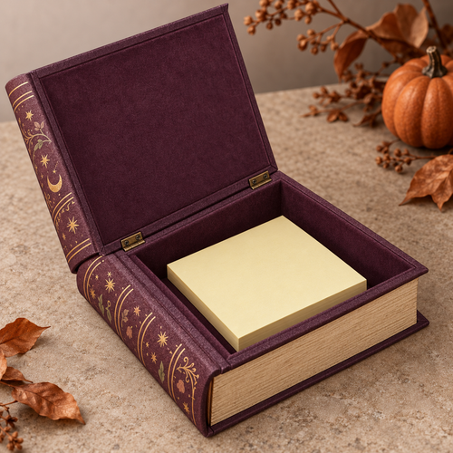narvomi™ Book of Small Spells Note Box — Vintage-Inspired Halloween Desk Organizer for 3" Sticky Notes & Keepsakes