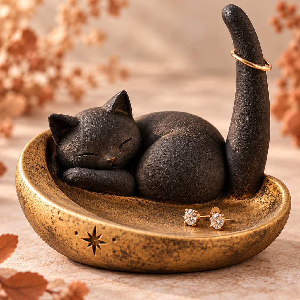 narvomi™ Crescent Nap Black Cat Ring Holder — Sculpted Jewelry Stand, Moon Trinket Dish & Halloween Vanity Decor