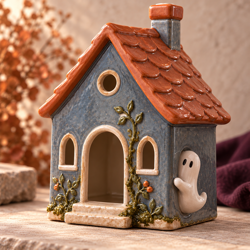narvomi™ Lantern Lane Ghost Cottage — Ceramic Halloween Luminary Cover for Battery-Operated LED Tealights
