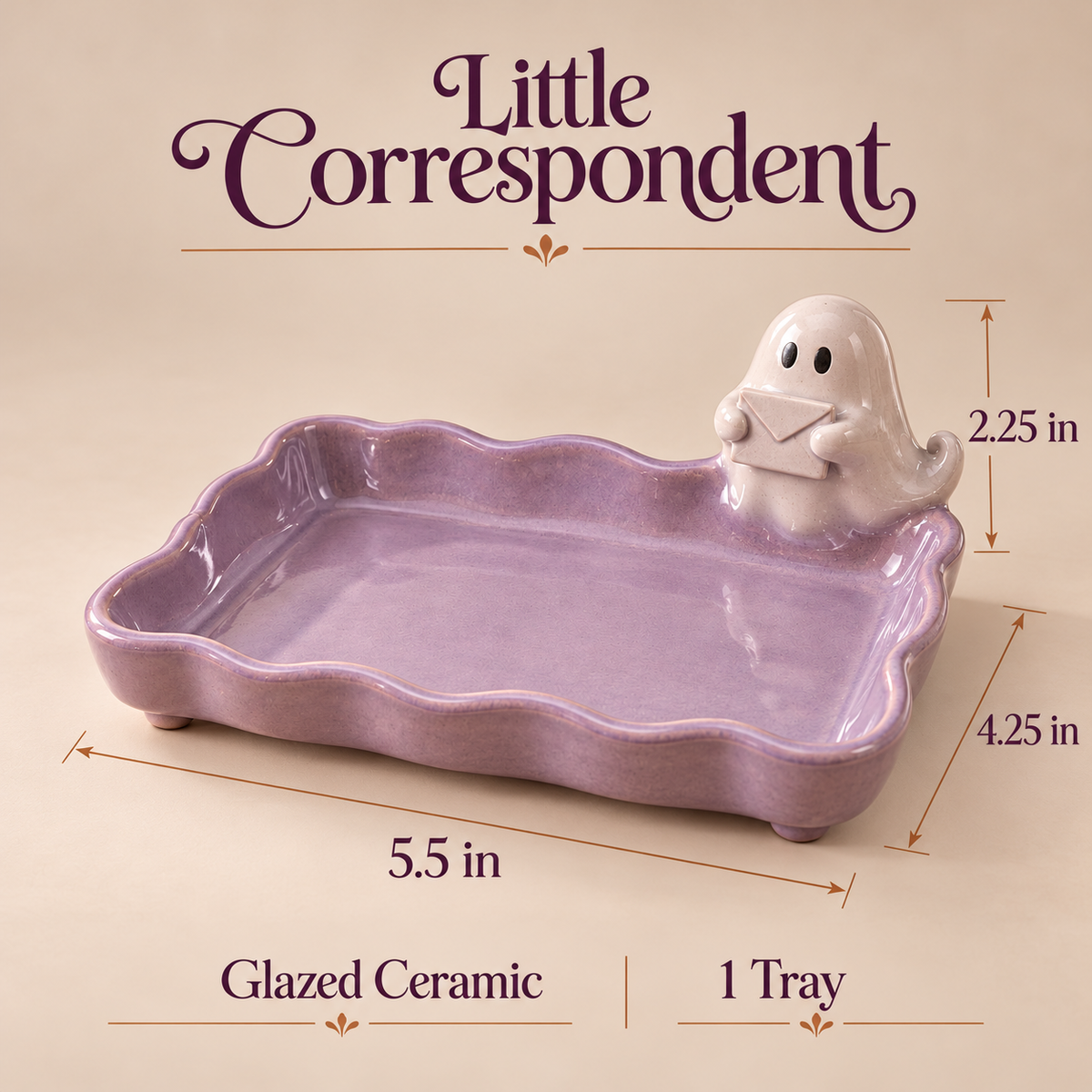 narvomi™ Little Correspondent Ghost Jewelry Tray — Ceramic Ring Dish, Halloween Trinket Catchall & Vanity Gift
