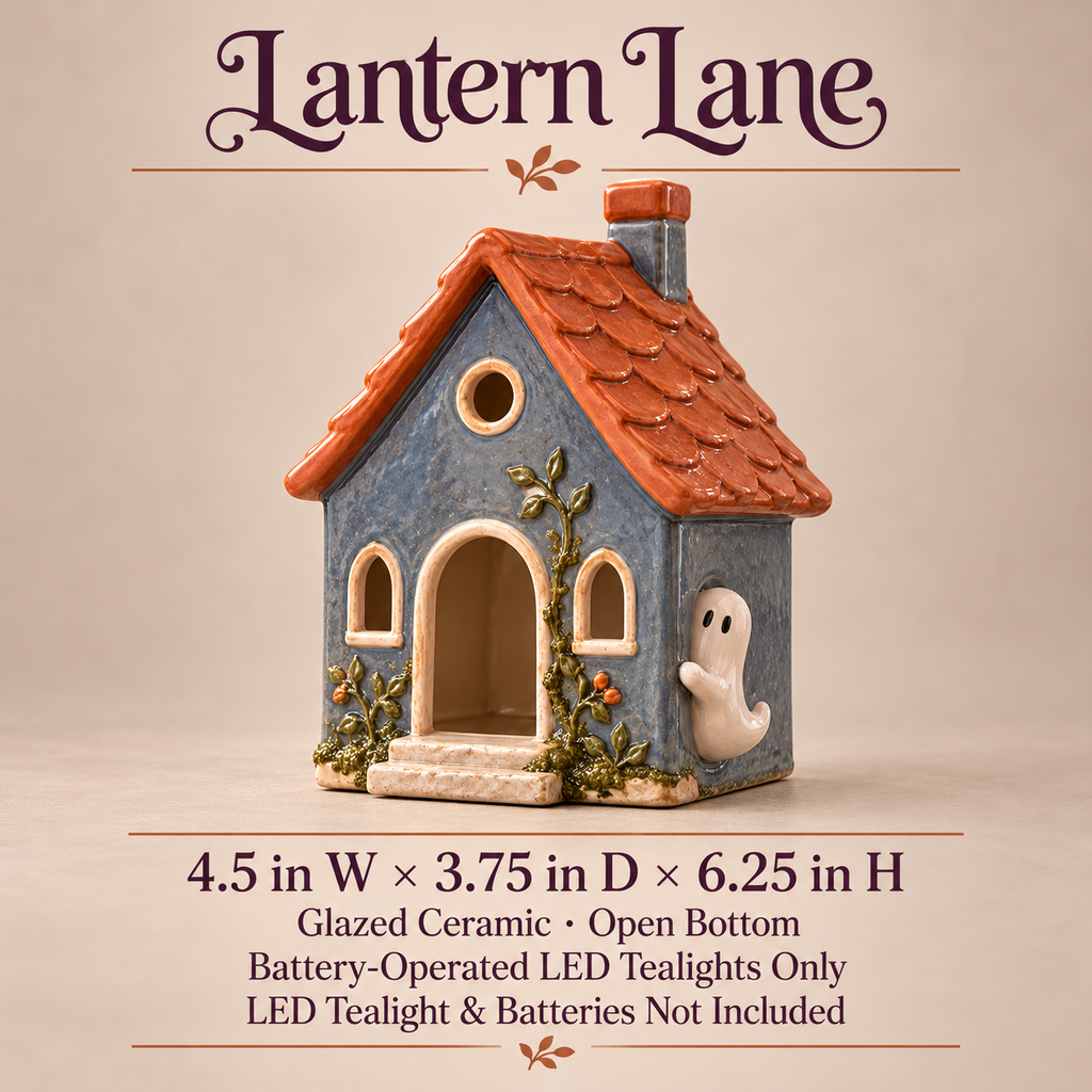 narvomi™ Lantern Lane Ghost Cottage — Ceramic Halloween Luminary Cover for Battery-Operated LED Tealights