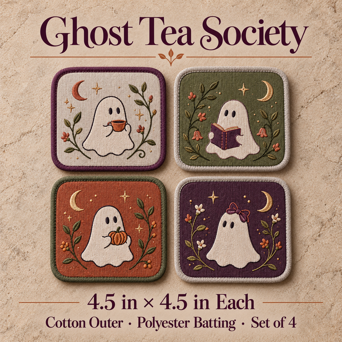 narvomi™ Ghost Tea Society Fabric Coasters, Set of 4 — Embroidered Halloween Drink Mats & Hostess Gift
