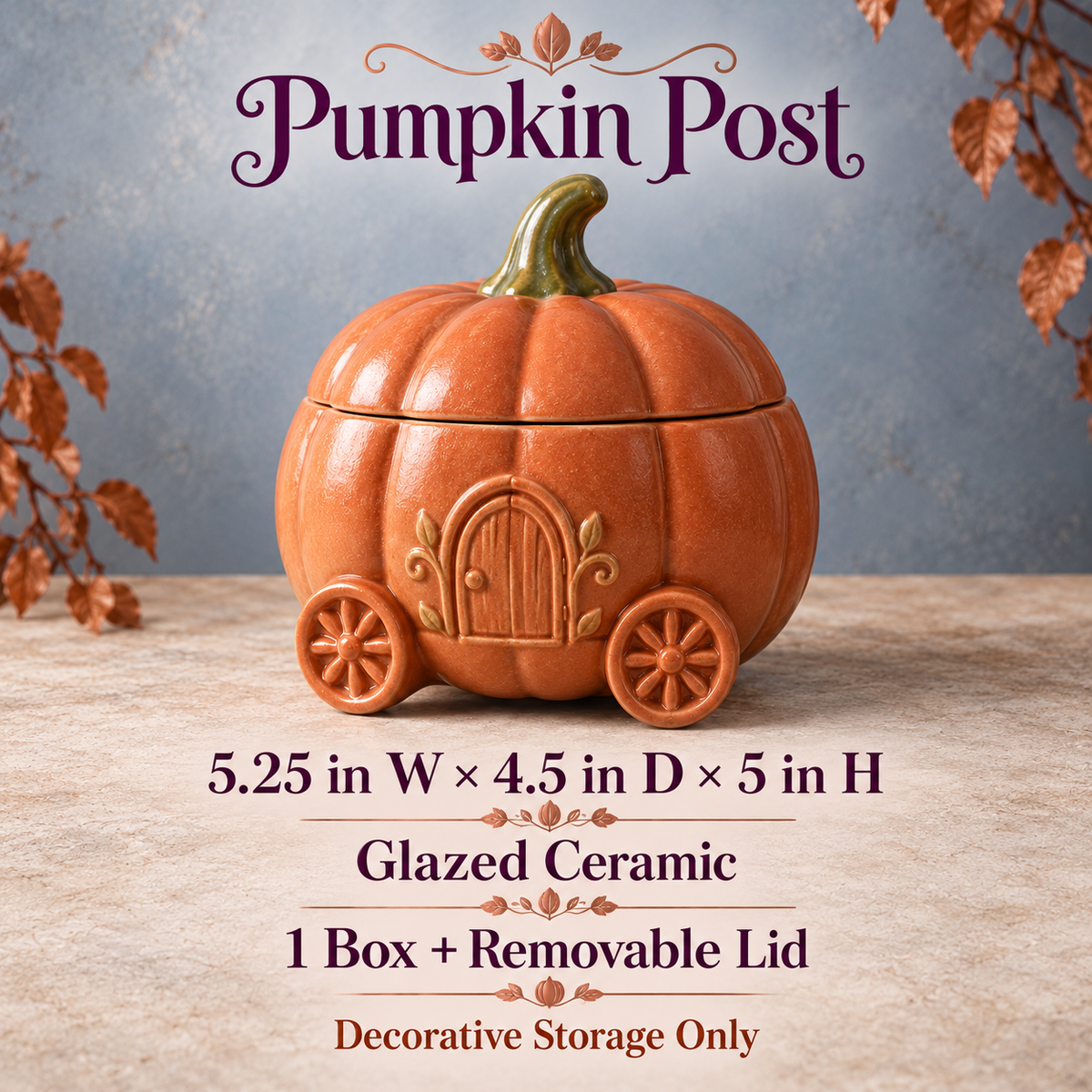 narvomi™ Pumpkin Post Lidded Trinket Box — Ceramic Halloween Storage Jar, Fall Keepsake Container & Small Gift