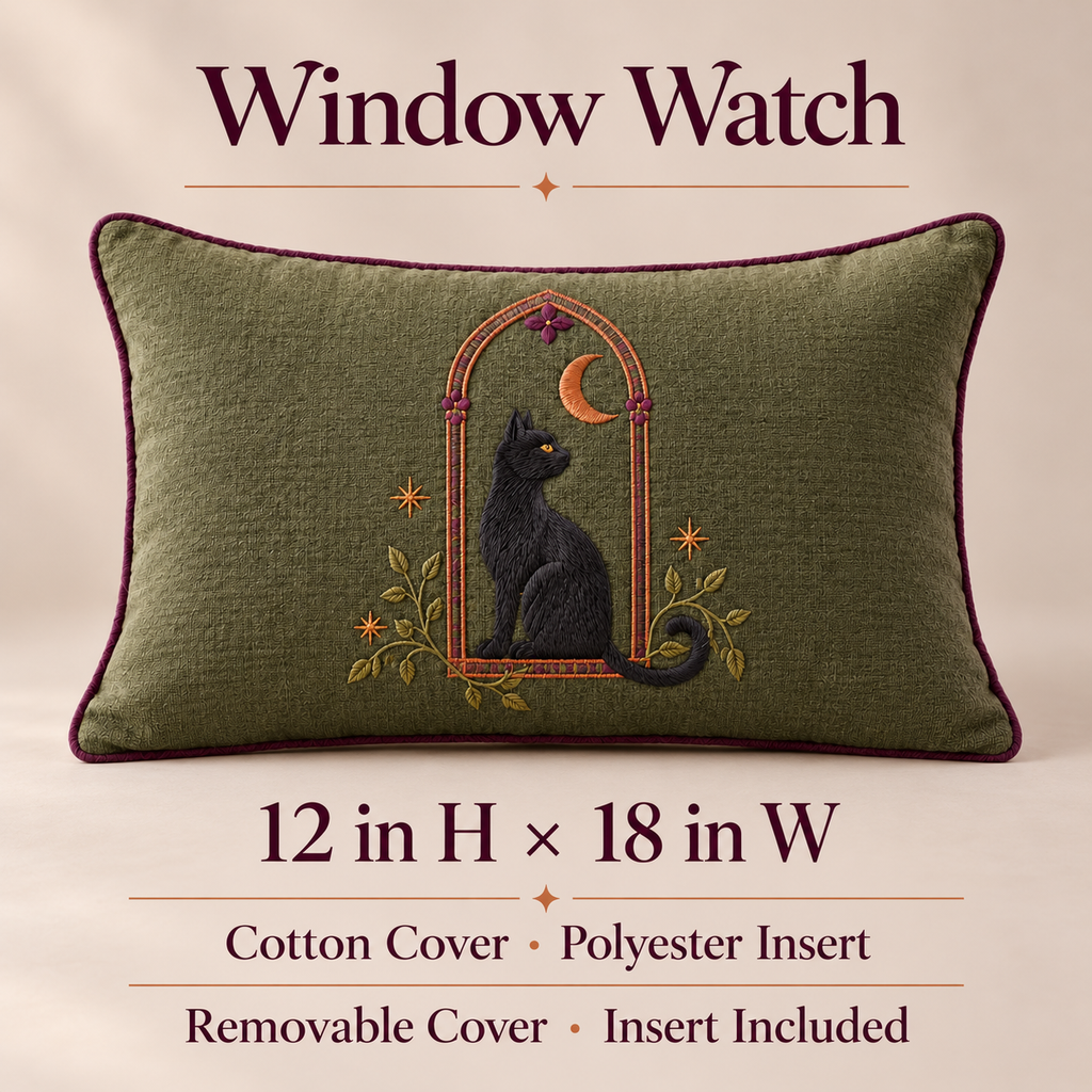 narvomi™ Window Watch Black Cat Lumbar Pillow — 12" × 18" Embroidered Halloween Cushion with Removable Cover