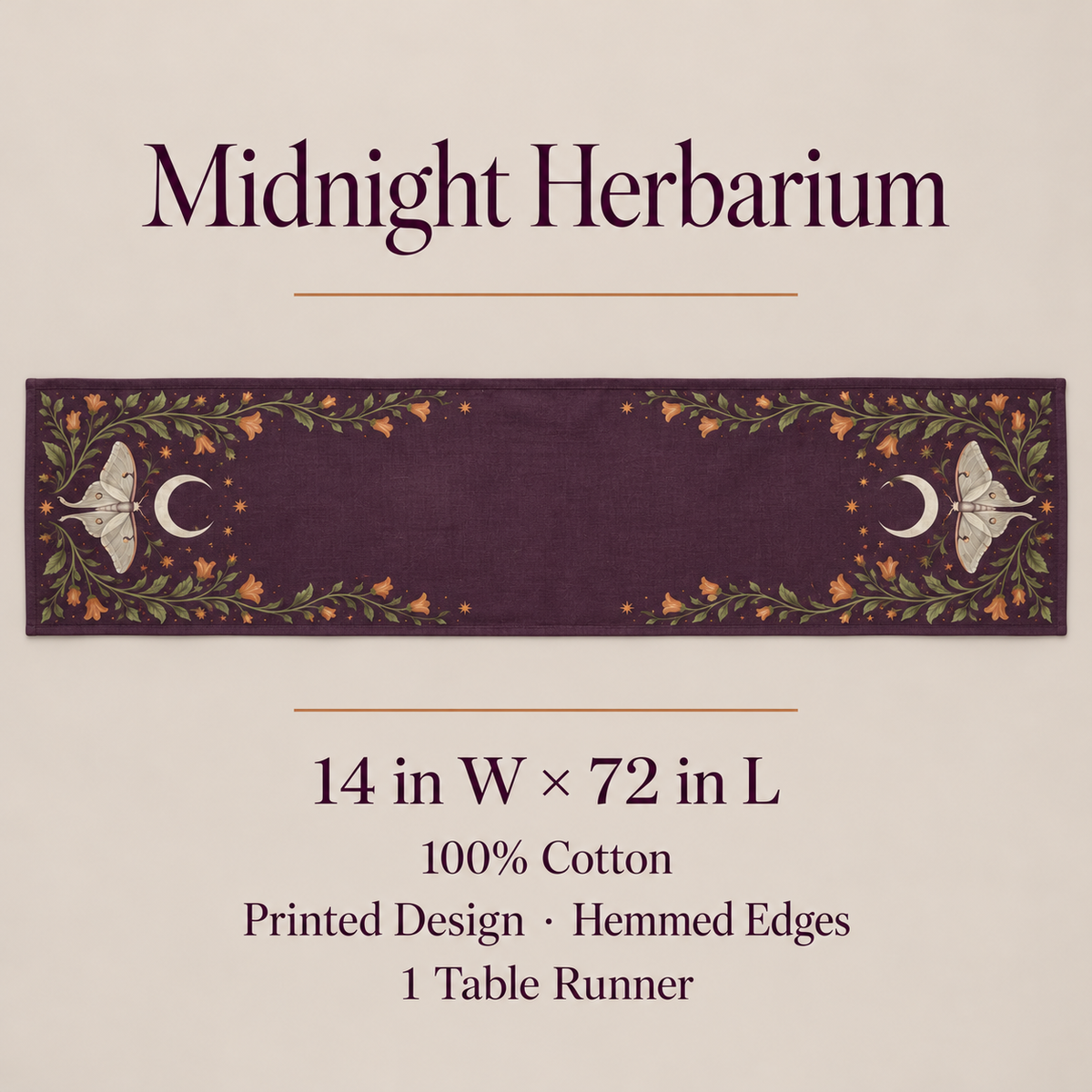 narvomi™ Midnight Herbarium Table Runner — 14" × 72" Halloween Moon & Botanical Dining Table Decor