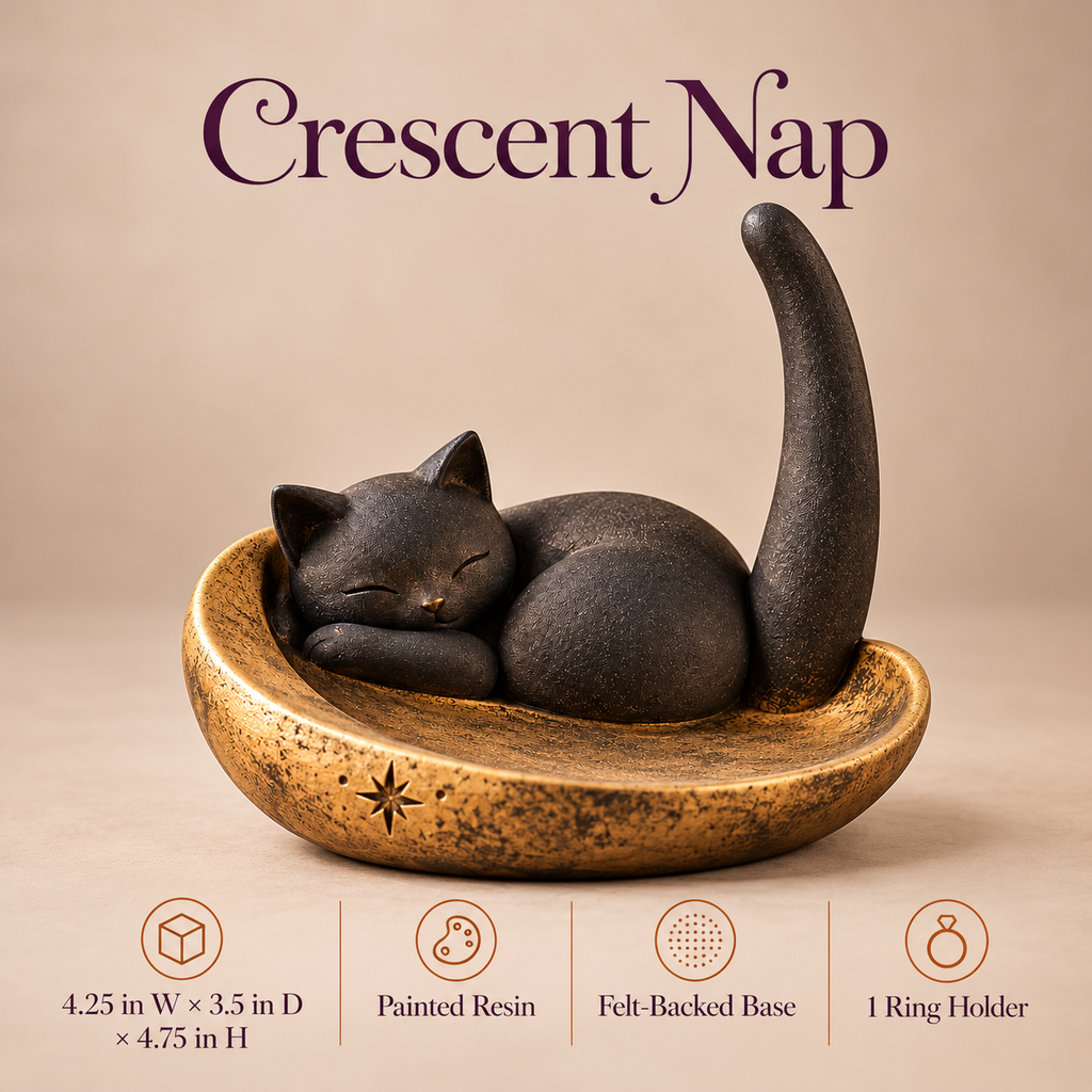 narvomi™ Crescent Nap Black Cat Ring Holder — Sculpted Jewelry Stand, Moon Trinket Dish & Halloween Vanity Decor