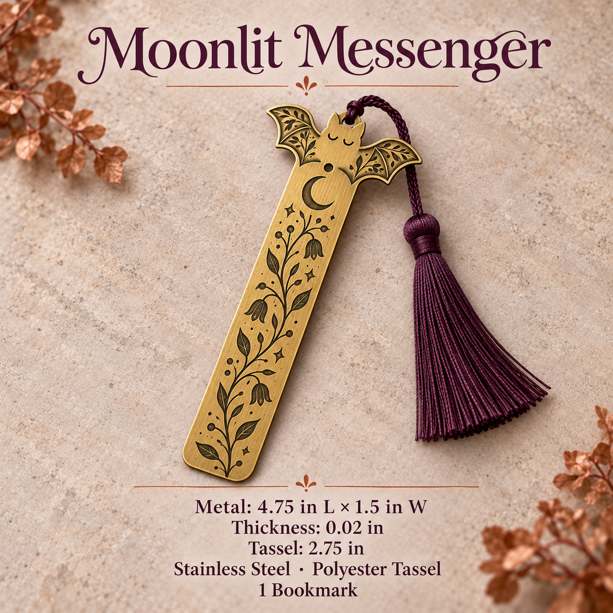 narvomi™ Moonlit Messenger Bat Bookmark — Etched Metal Page Marker, Vintage-Inspired Halloween Reader Gift